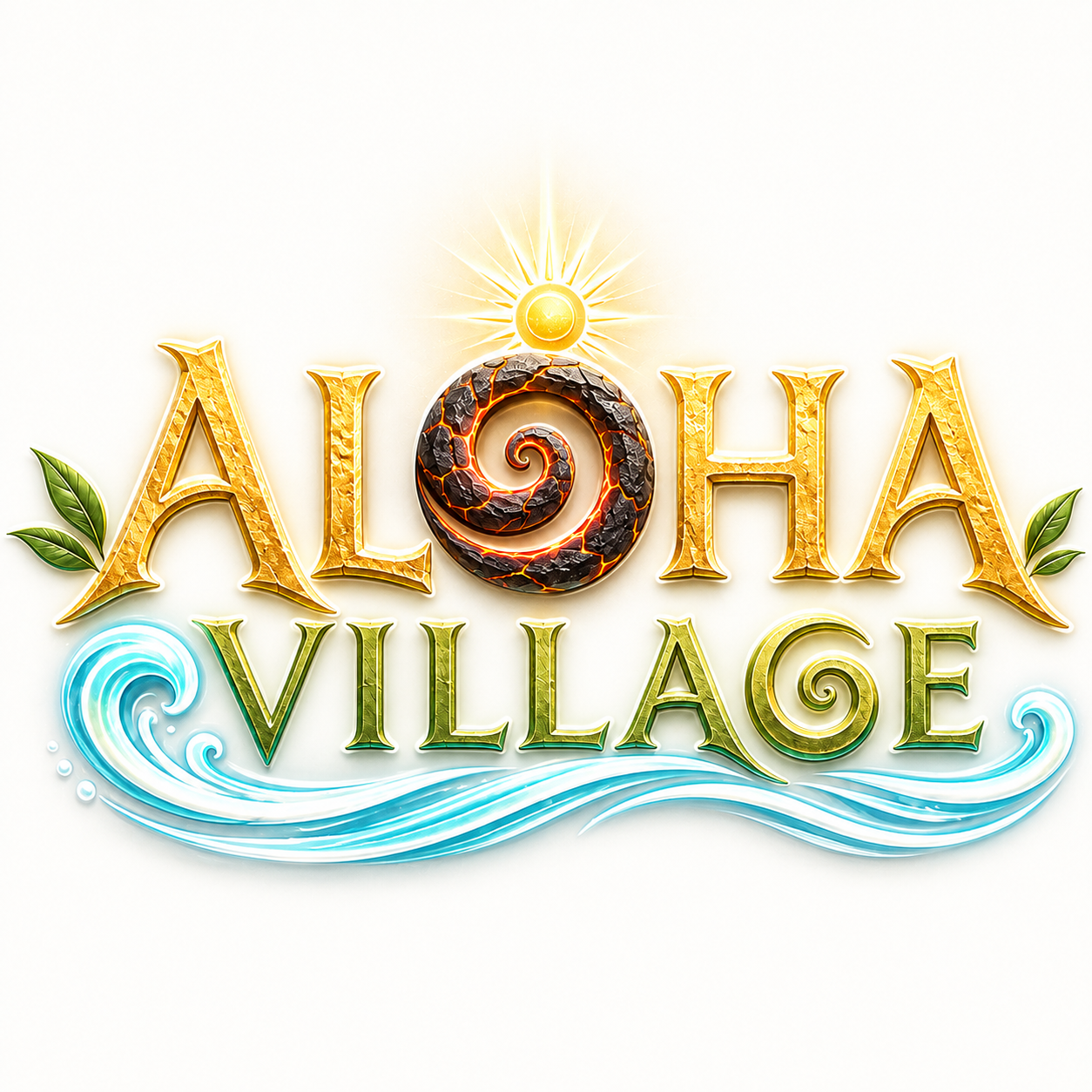 The Aloha Village: golden sun, lava spiral, green lettering, and turquoise waves